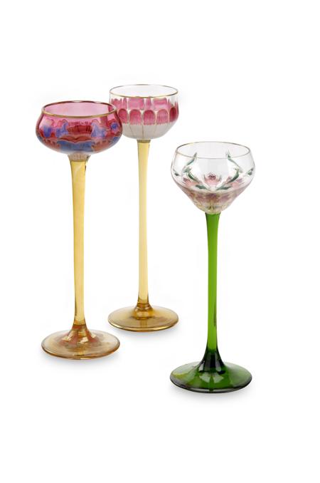 Appraisal: THERESIENTHAL MANNER OF THREE LIQUEUR GLASSES CIRCA clear and coloured