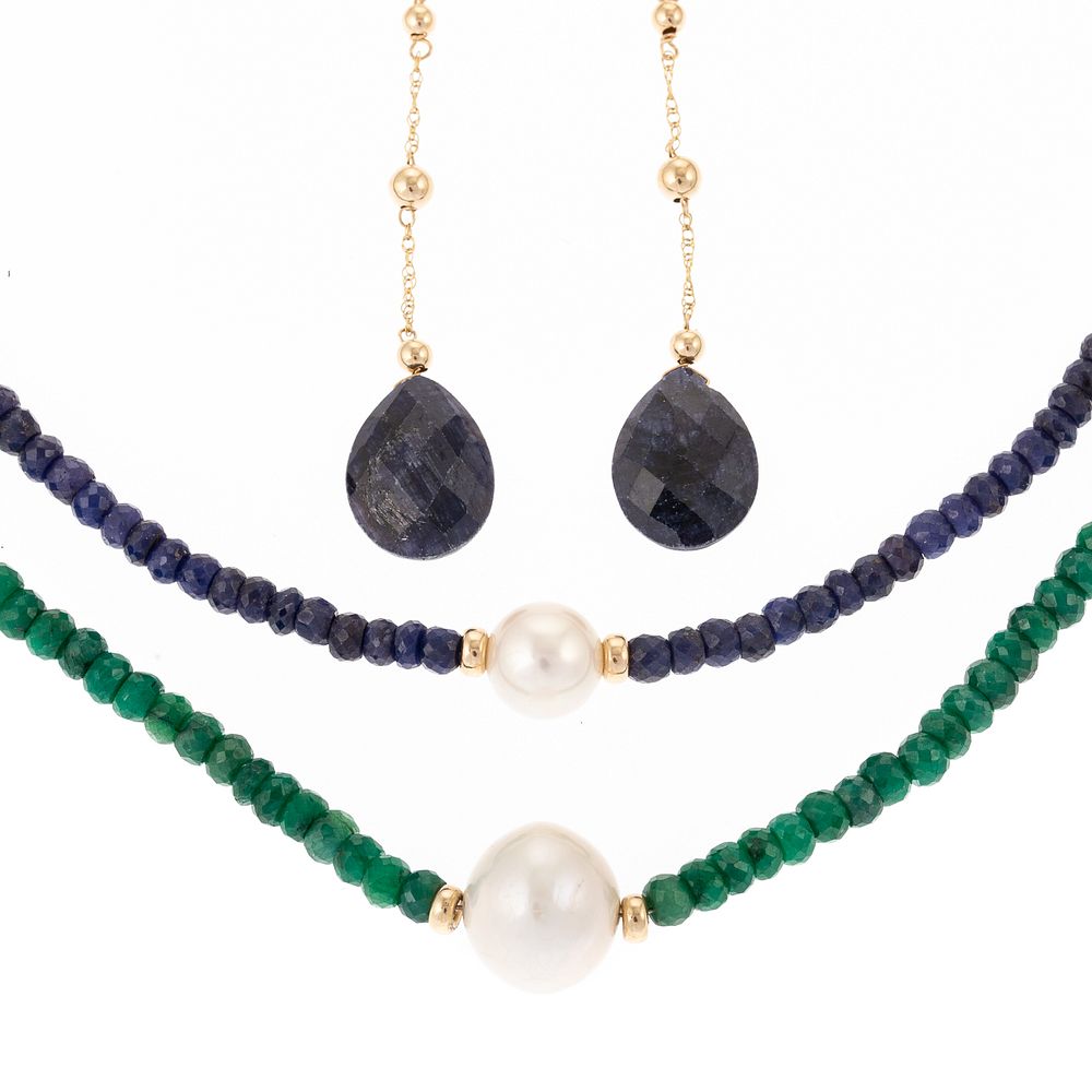 Appraisal: A Collection of Gemstone Necklaces Earrings Emerald faceted roundel bead