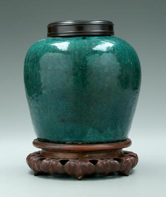 Appraisal: Chinese pottery storage jar dark green glaze red export seal