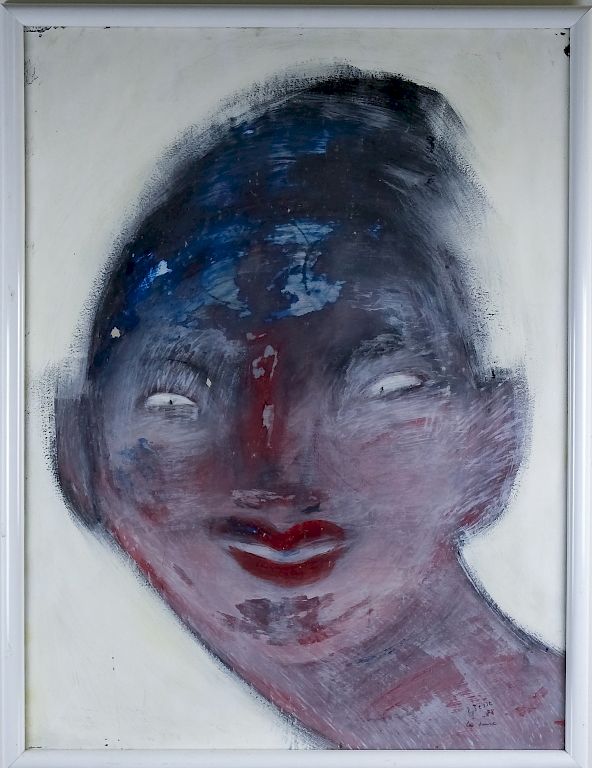 Appraisal: Portrait Of A Woman In Blue Mixed Media Painting Mystery