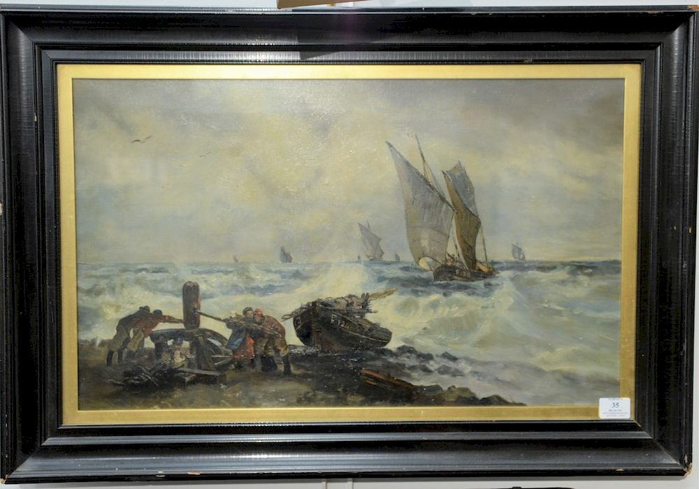 Appraisal: Crew Pulling Up oil on canvas row boat in rough