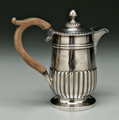 Appraisal: English silver milk pitcher round stop-reeded body ball finial wooden