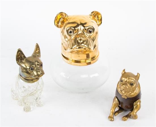 Appraisal: Sale Lot Three Glass and Ceramic Jars with Bulldog Heads