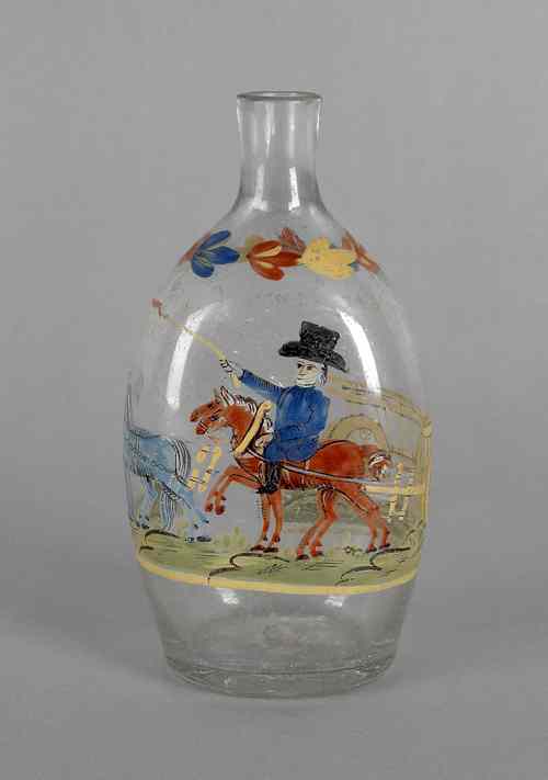 Appraisal: Stiegel type enameled glass flask early th c decorated with