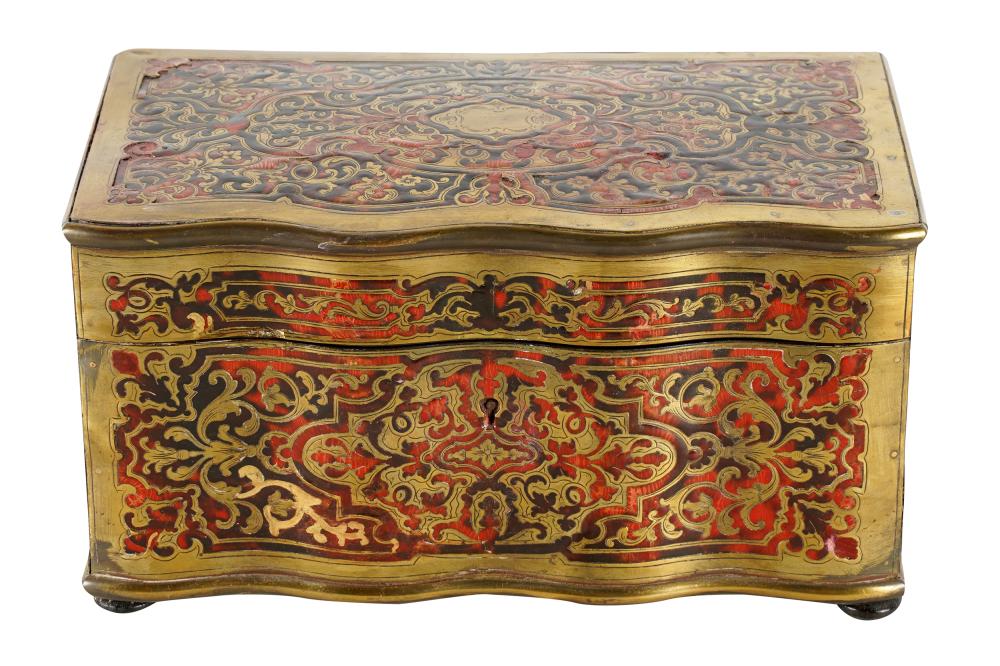 Appraisal: BOULLE MARQUETRY-INLAID BOXthe hinged lid opening to a red velvet-lined