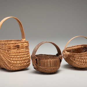 Appraisal: Three Miniature Woven Baskets th Century Height of tallest with