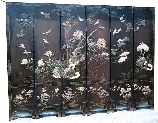 Appraisal: SIX PANEL CORMANDREL SCREEN WITH APPLIED SOAPSTONE Elaborate finely carved