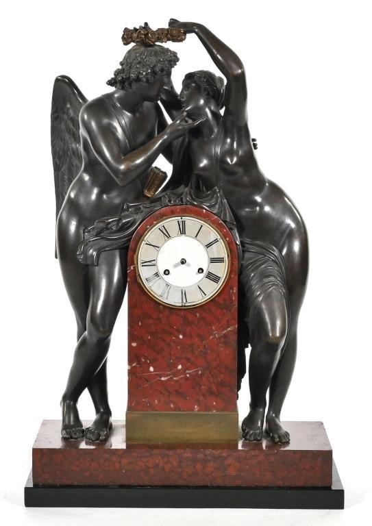 Appraisal: ANTIQUE FRENCH MANTEL CLOCK th century bronze figures based on