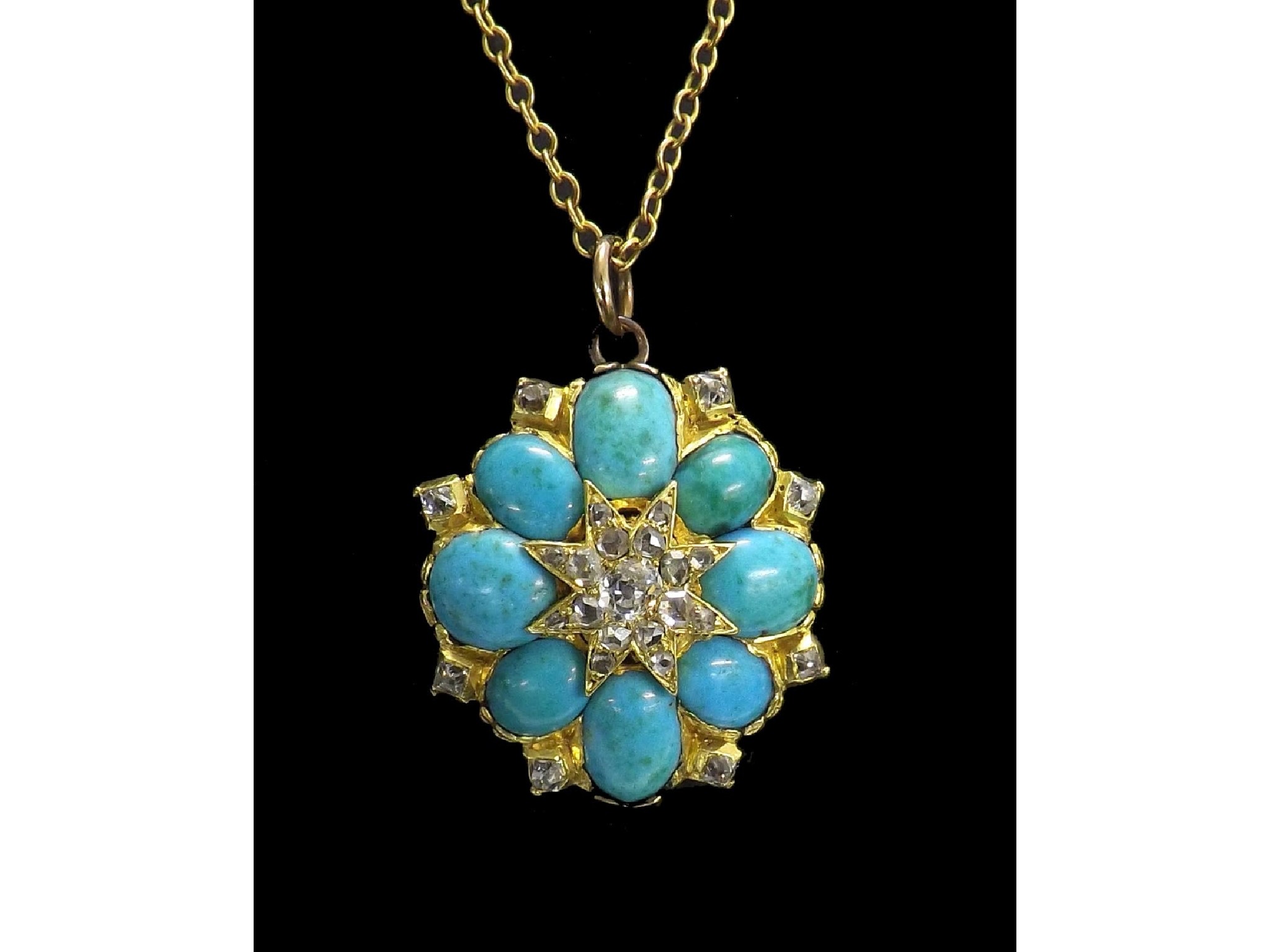 Appraisal: Attractive Victorian turquoise and diamond pendant eight turquoise cabouchons and