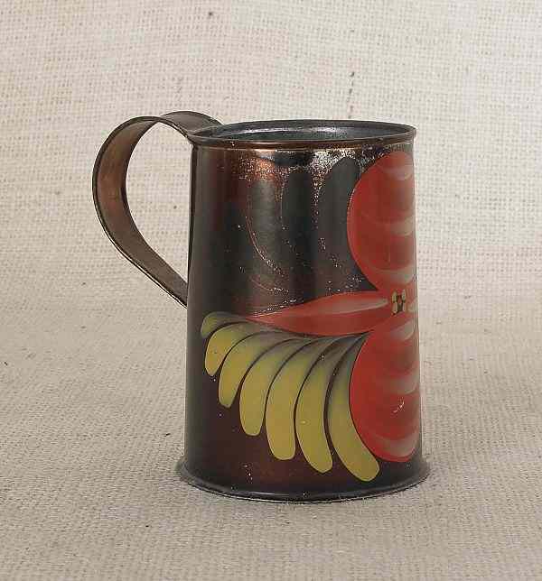 Appraisal: Tole mug th c with an asphaltum ground retaining its