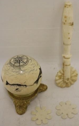 Appraisal: PIECE SCRIMSHAW LOT TO INCLUDE A POLYCHROMESCRIMSHAW BALL ON METAL