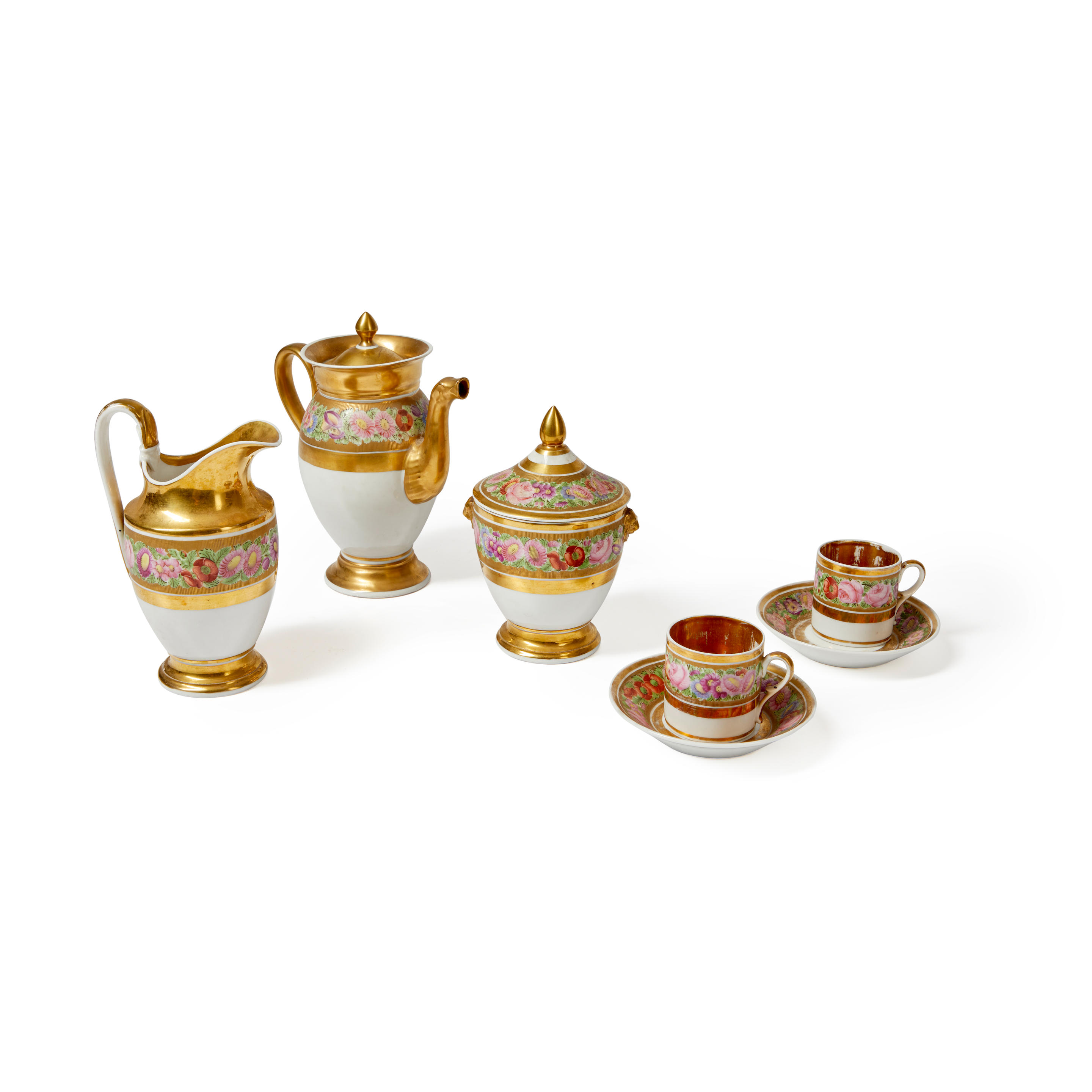 Appraisal: French Gilt Porcelain Coffee Set a coffee pot marked Delvaux