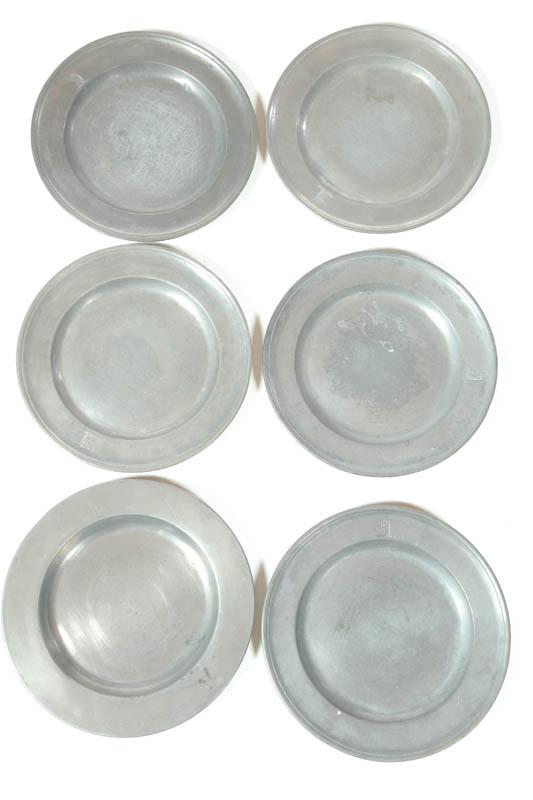 Appraisal: SIX PEWTER PLATES Touches for Robert Nicholson England th century