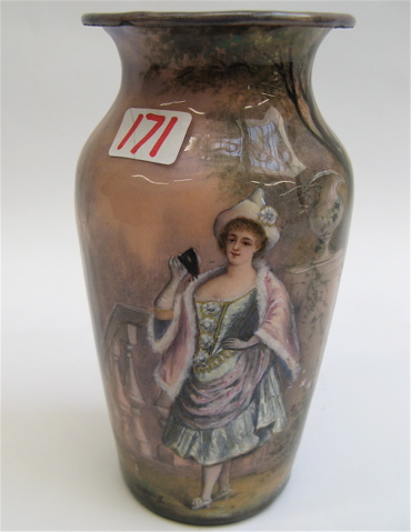 Appraisal: FRENCH ENAMEL ON COPPER HAND PAINTED VASE c with an