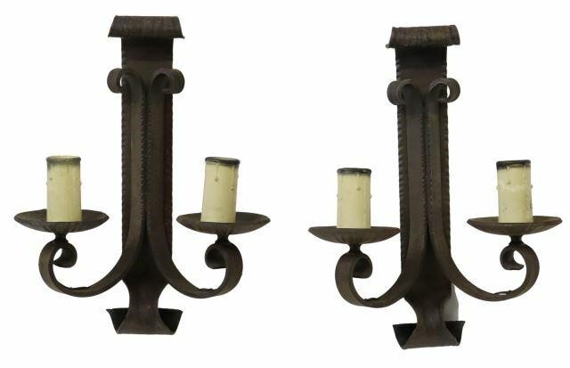 Appraisal: pair French Gothic Revival wrought iron two-light wall sconces th