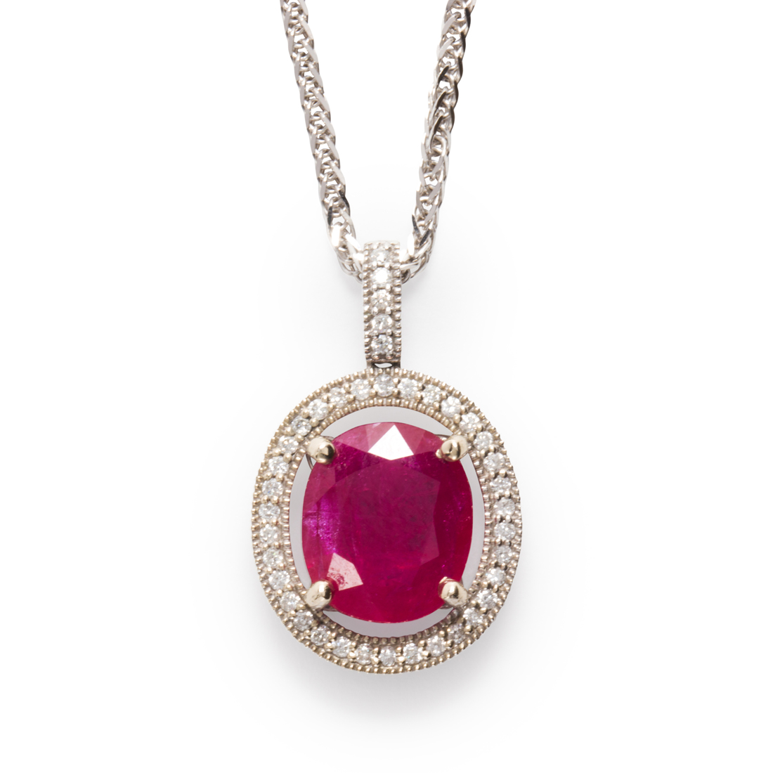 Appraisal: A RUBY DIAMOND AND FOURTEEN KARAT WHITE GOLD PENDANT NECKLACE