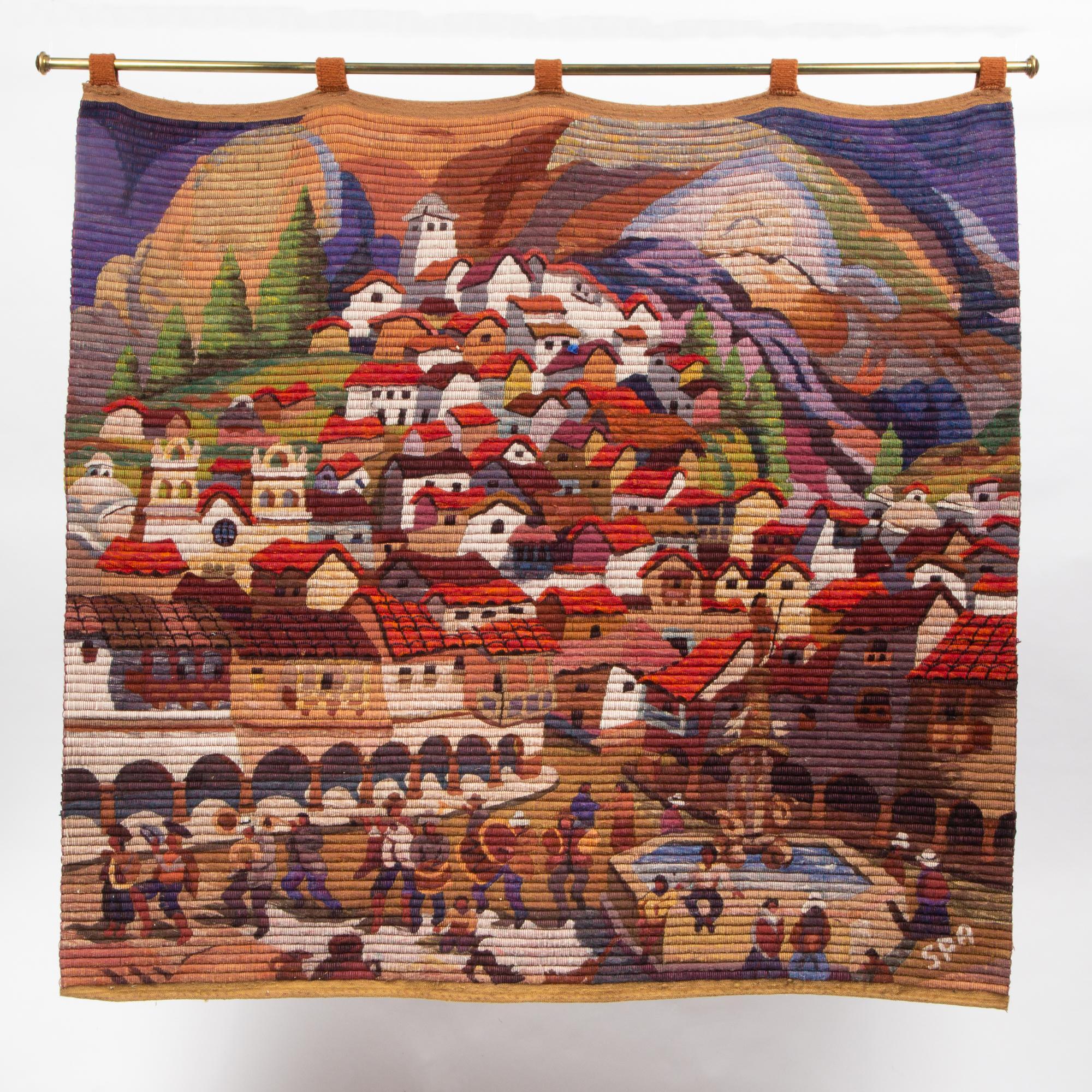 Appraisal: SOUTH AMERICAN ARPILLERA TAPESTRY VILLAGE SCENE A fine brightly colored