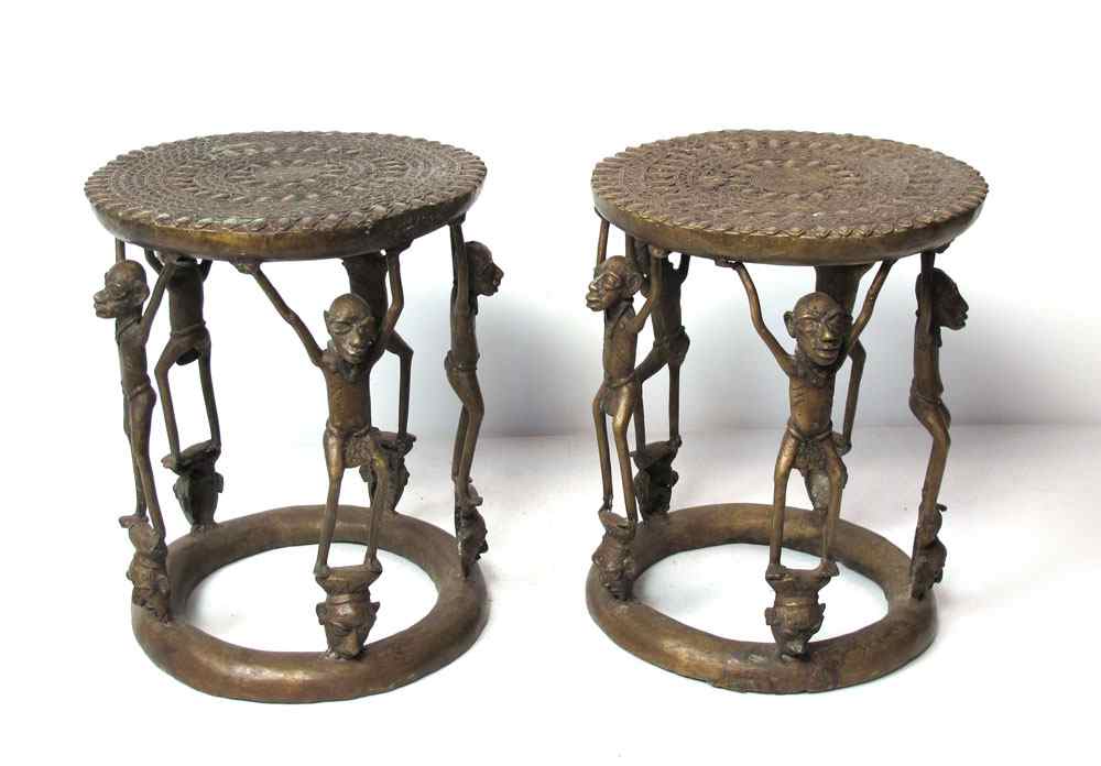 Appraisal: TWO AFRICAN BRONZE FIGURAL STOOLS One approx '' h x