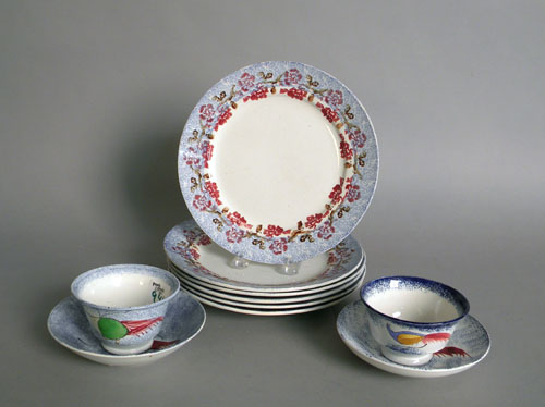 Appraisal: Six blue spatter plates dia together with two peafowl cup