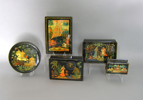 Appraisal: Five Russian painted boxes th c largest x Provenance Collection