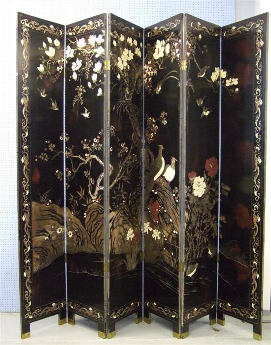 Appraisal: Chinese lacquered six panel screen decorated with landscape scenes with