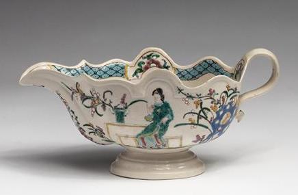 Appraisal: FINE AND RARE STAFFORDSHIRE SALTGLAZE ENAMELLED 'SILVER-SHAPE' SAUCEBOAT - Painted