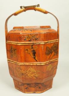 Appraisal: th Century Asian Picnic Basket Wood compartm th Century Asian