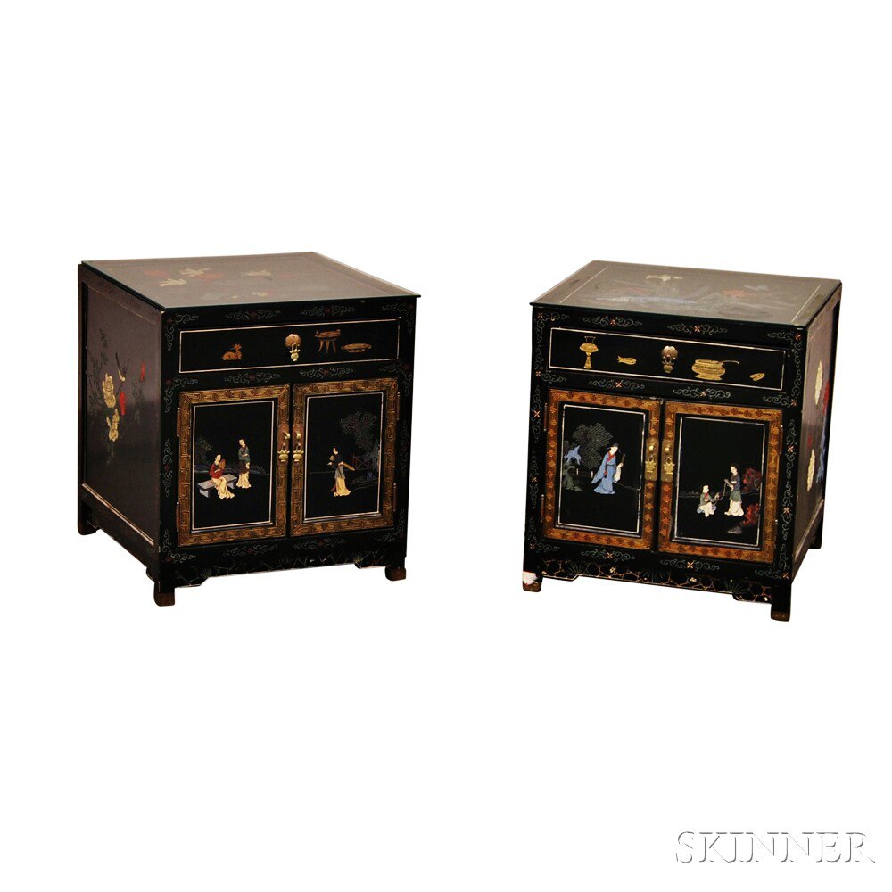 Appraisal: Pair of Chinese-style Lacquered Side Tables depicting figural and floral