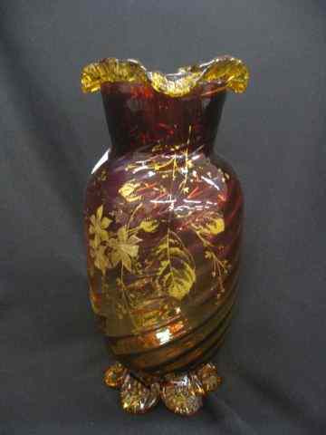 Appraisal: Victorian Amberina Art Glass Vase gold floral applied ruffle rim