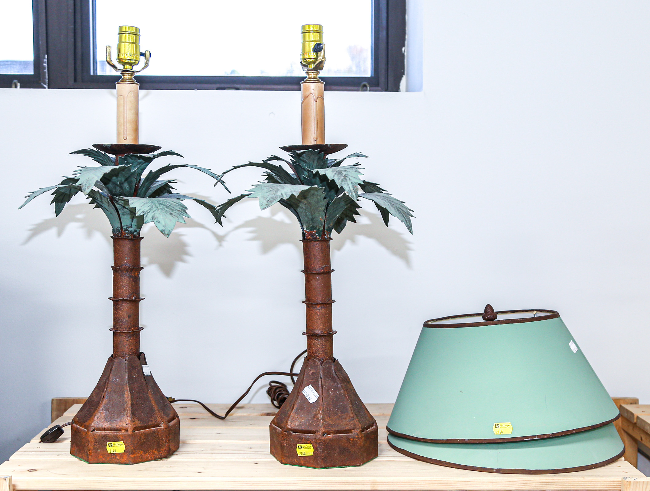 Appraisal: TWO METAL PALM TREE FORM TABLE LAMPS Later th century