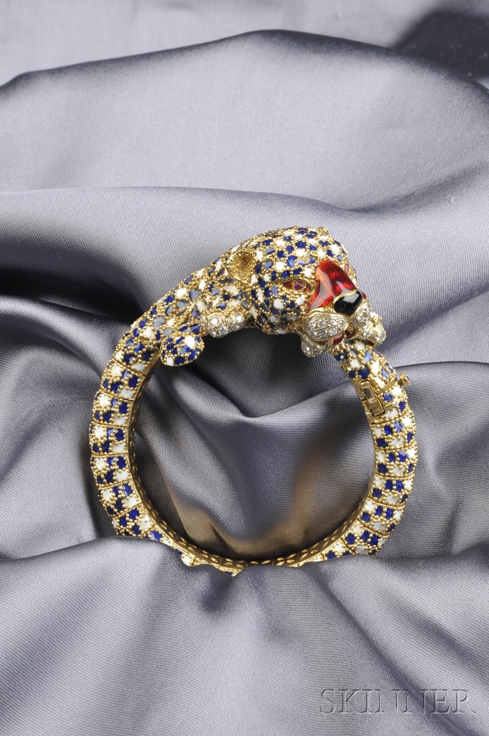 Appraisal: kt Gold Enamel and Gem-set Panther Bracelet the hinged bangle