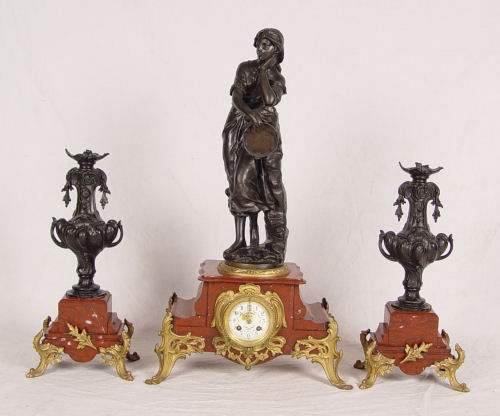 Appraisal: THREE PIECE FRENCH BOHEMIENNE PRATT CLOCK GARNITURE Ormolu mounted red