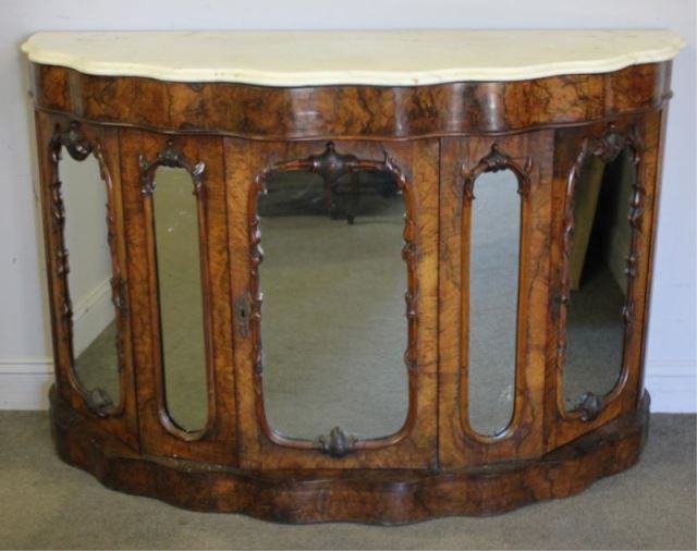 Appraisal: Victorian Burl Walnut Mirror and SerpentineFront Marble Top Server From