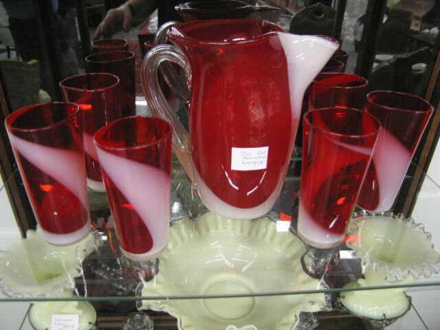 Appraisal: Pc Art Glass Water Set ruby opalescent swirl pitcher tumblers