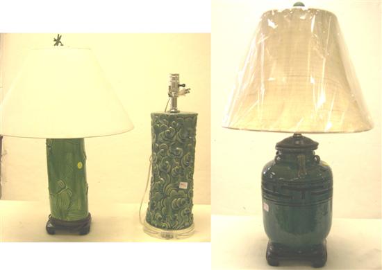 Appraisal: Three green pottery lamps one with dragonflies '' one with