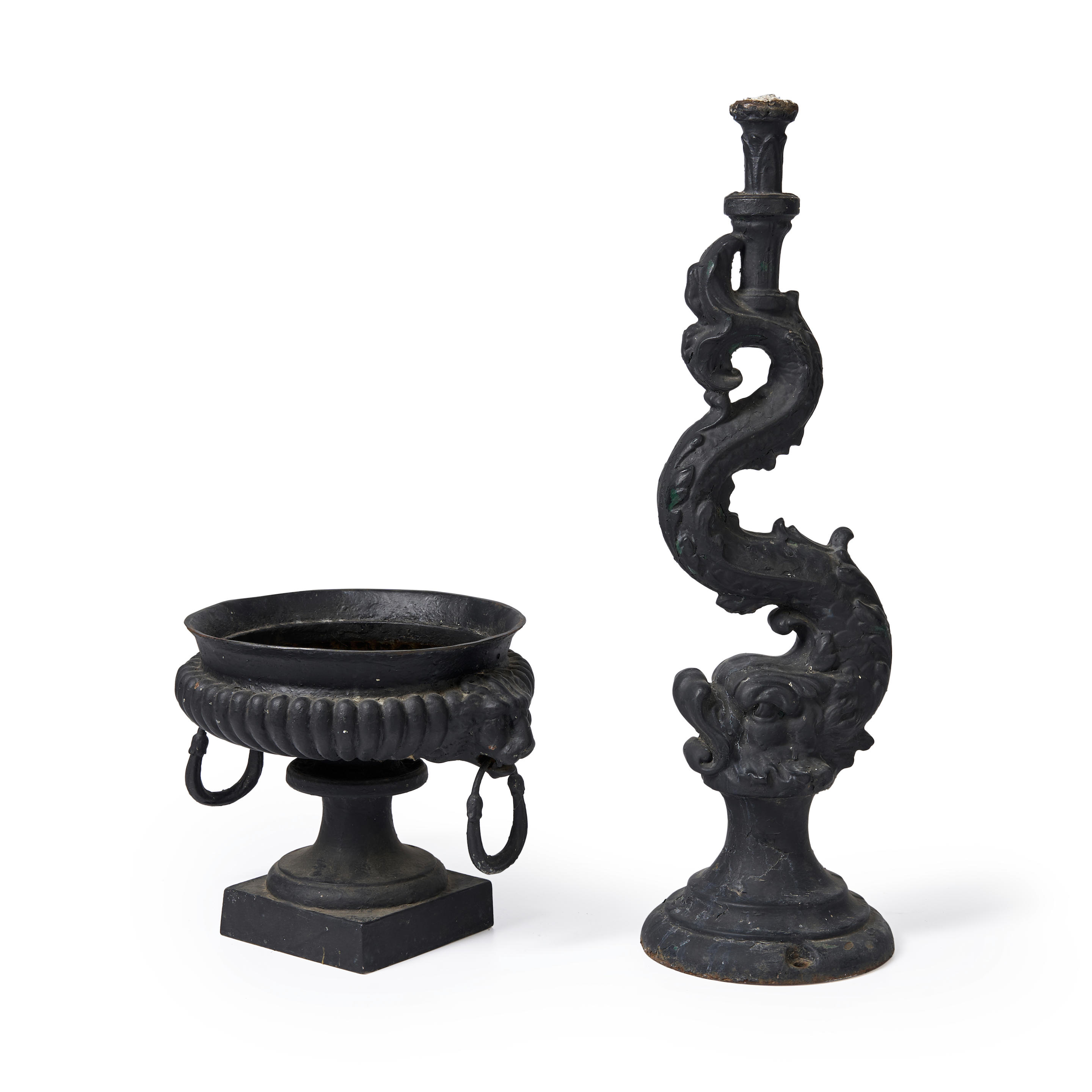 Appraisal: Black-painted Cast Iron Garden Planter topped with a heraldic dolphin