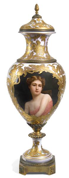 Appraisal: A Dresden luster porcelain gilt bronze mounted covered portrait urn