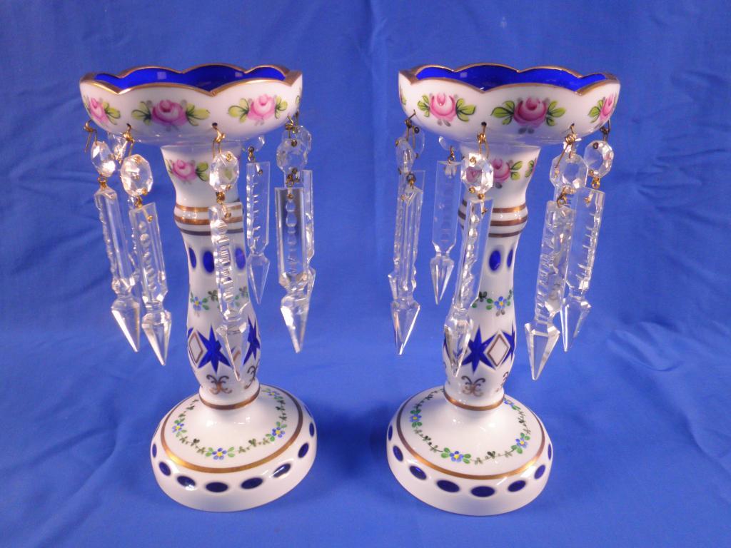 Appraisal: A pair of Bohemian type blue and white glass overlay