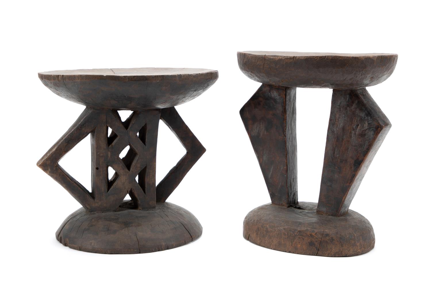 Appraisal: TWO AFRICAN CARVED WOODEN STOOLS GEOMETRIC LEGS Two carved wooden