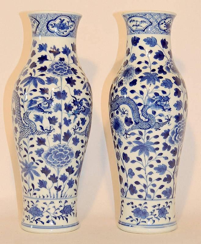 Appraisal: Pair of Chinese Blue and White Vases Dragon and foliate