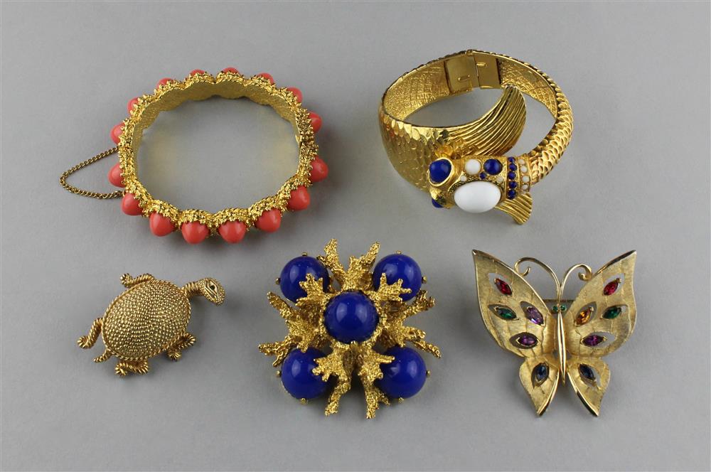 Appraisal: TWO PAULINE RADER HINGED BANGLES BROOCH JJ BUTTERFLY PIN DENICOLA