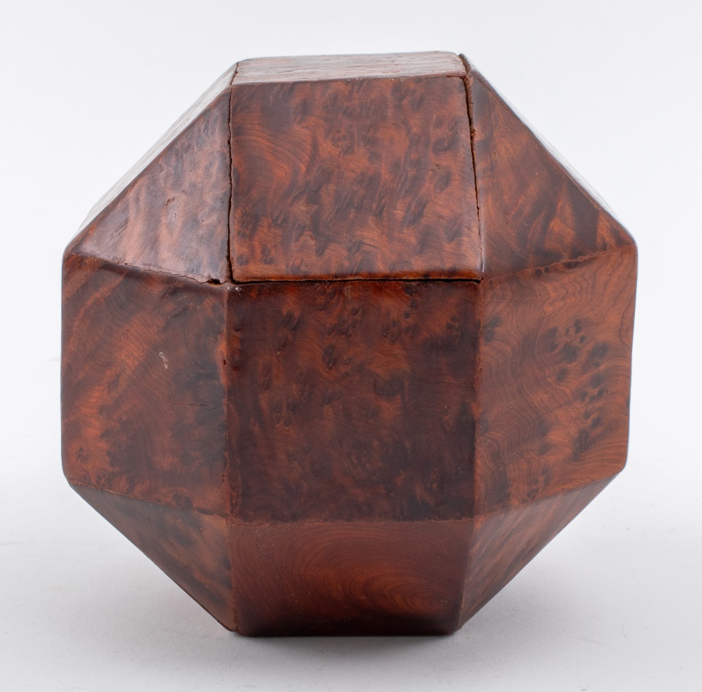 Appraisal: OCTAHEDRON BURLWOOD BOX Octahedron burlwood box with hinged lid H