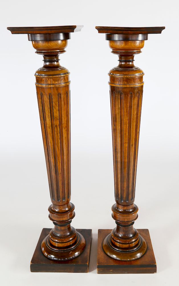 Appraisal: Pair of th Century Walnut Fluted Pedestals Exclusive on Bidsquare