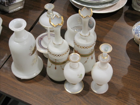 Appraisal: FROSTED WHITE GLASS VANITY SET WITH GILT DECORATION