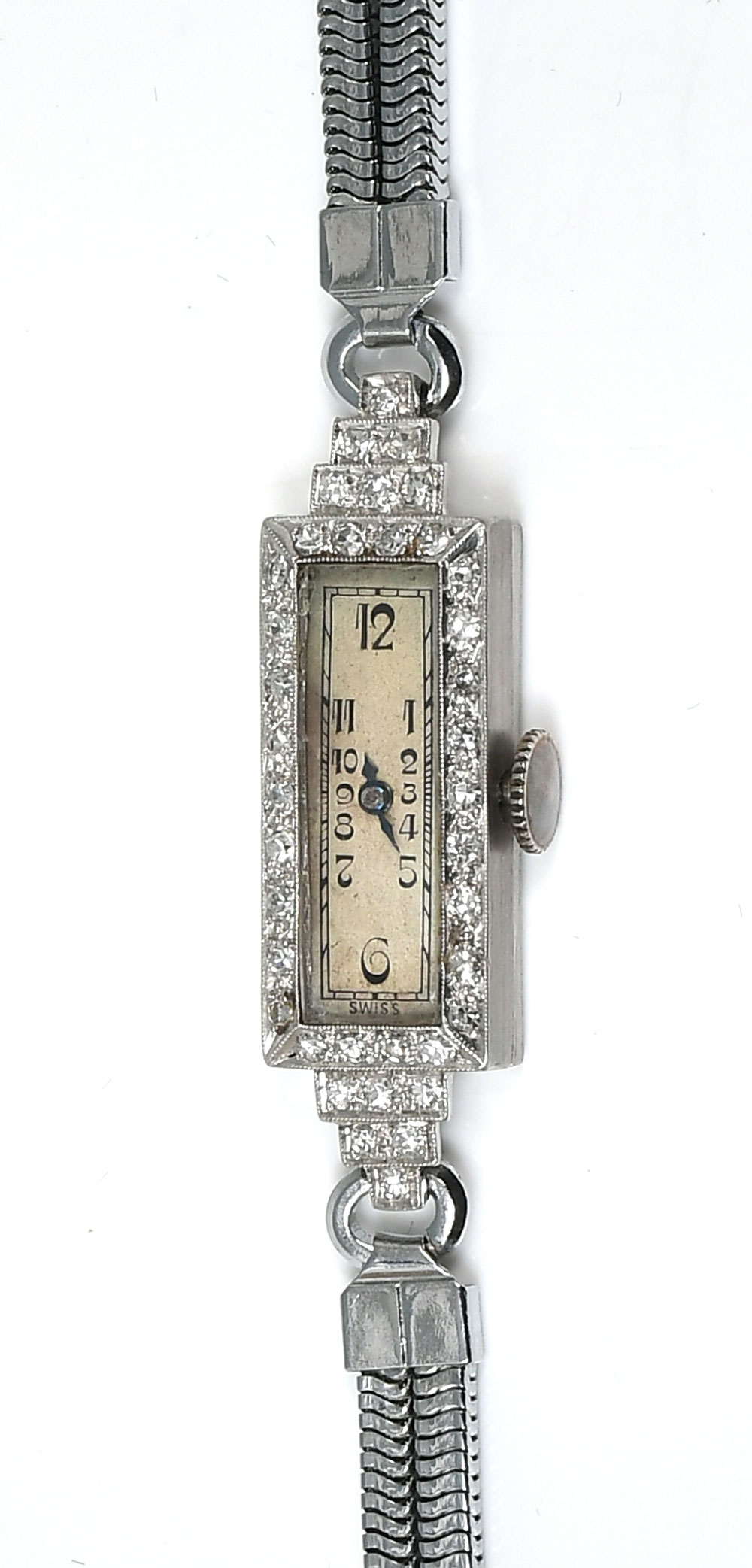 Appraisal: PLATINUM DIAMOND WRISTWATCH Platinum diamond wristwatch with non-gold band contains