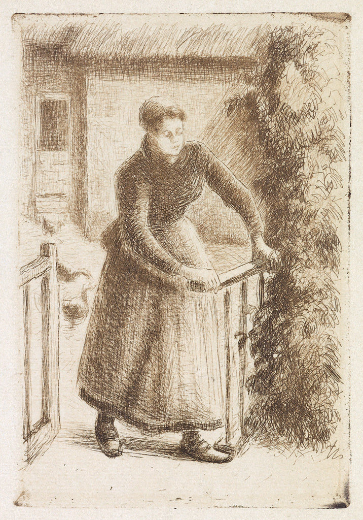 Appraisal: CAMILLE PISSARRO Femme la barri re Etching printed in sepia