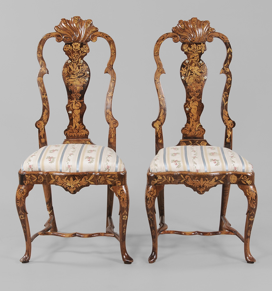 Appraisal: Pair Continental Marquetry Side Chairs probably Dutch th th century