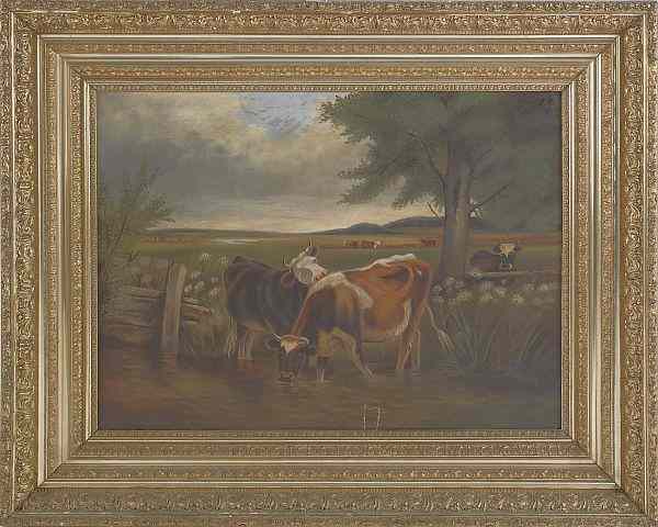 Appraisal: Primitive American oil on canvas landscape with cows late th