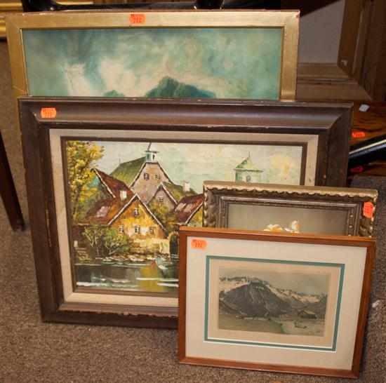 Appraisal: Three framed oil paintings and a framed paint-heightened photograph Estimate