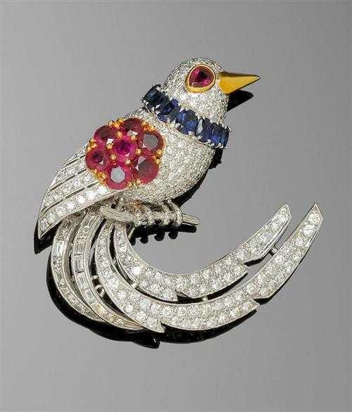 Appraisal: GEMSTONE AND BRILLIANT-CUT DIAMOND BROOCH White gold and yellow gold